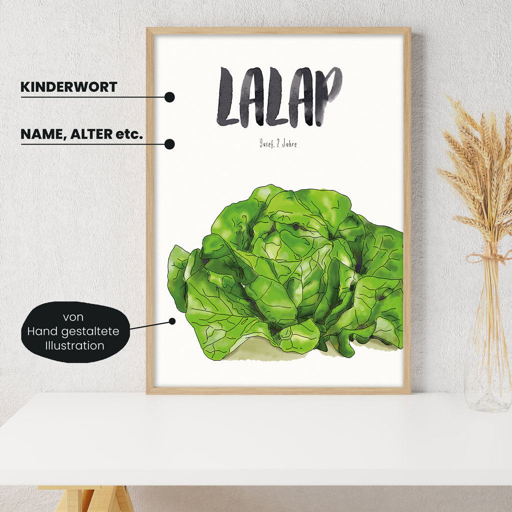 Detailansicht Kindermundposter Salat: Erklärungen der personalisierbaren Elemente - einzigartiges Erinnerungsstück für Eltern