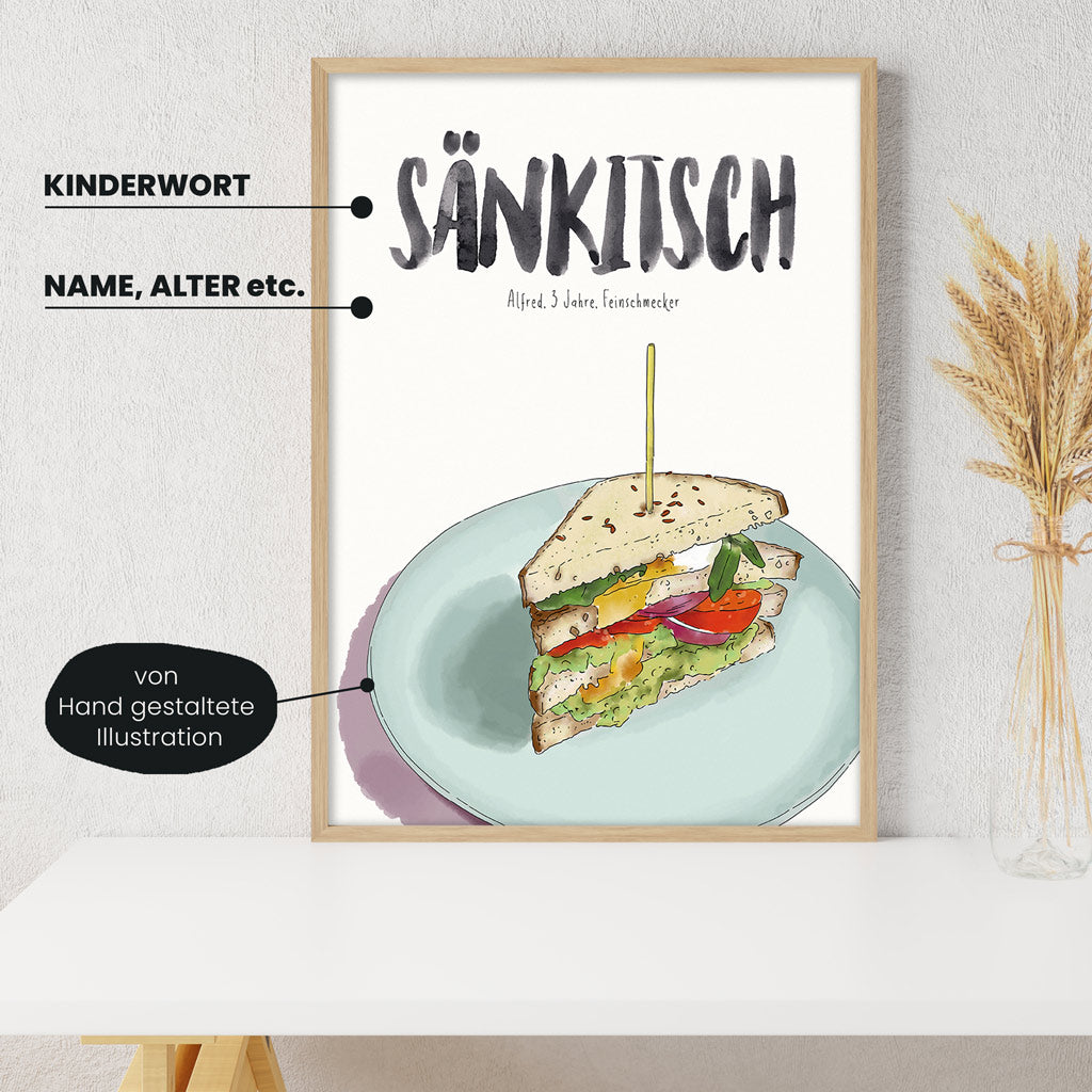 Detailansicht Kindermundposter Sandwich: Erklärungen der personalisierbaren Elemente - einzigartiges Erinnerungsstück für Eltern