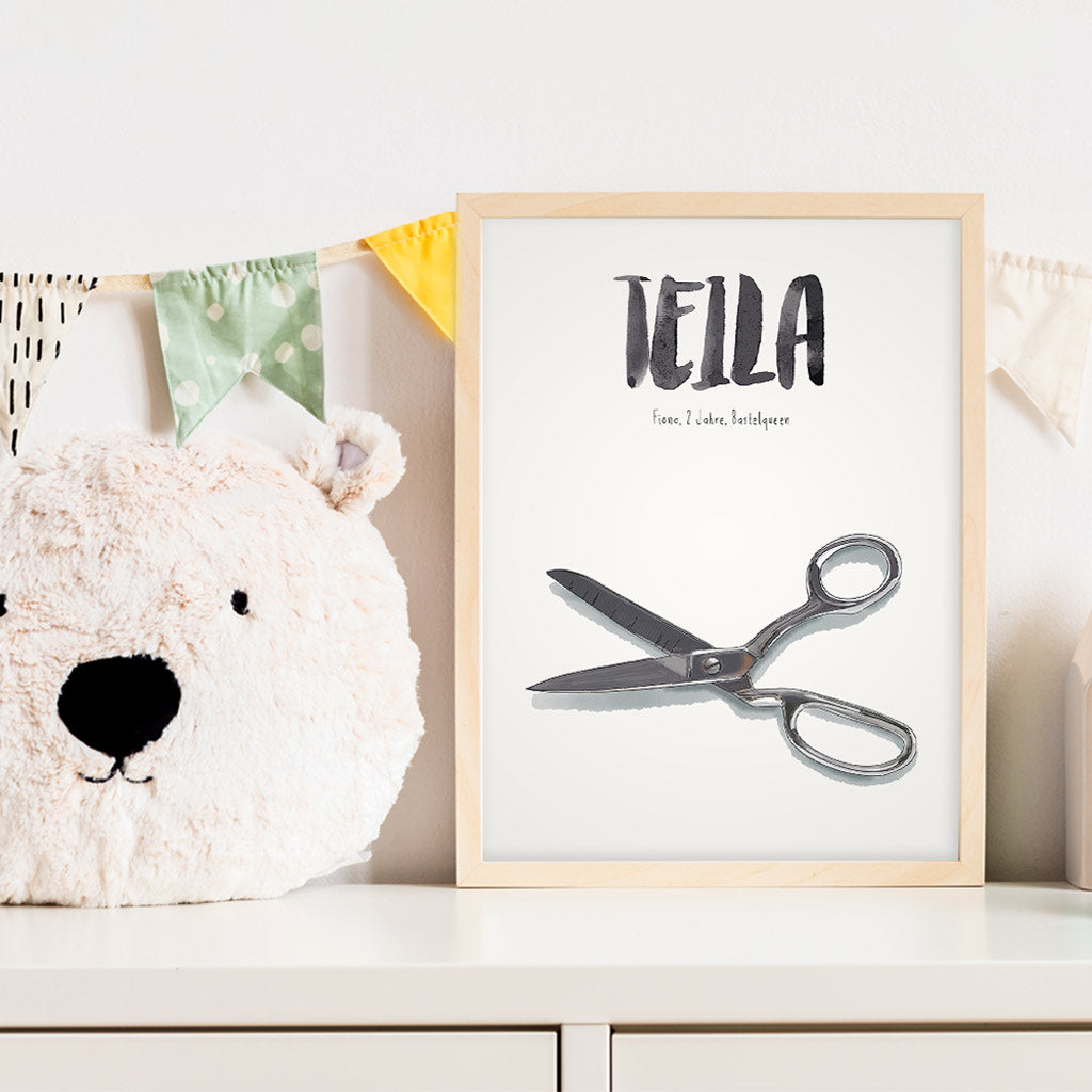 Kindermundposter Schere im Kinderzimmer – personalisiertes Poster als Dekoration und Geschenk