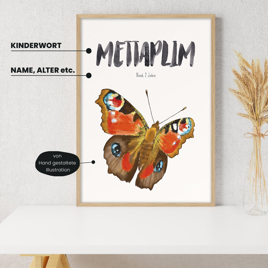 Detailansicht Kindermundposter Schmetterling mit Erklärungen der personalisierbaren Elemente - einzigartiges Erinnerungsstück für Eltern