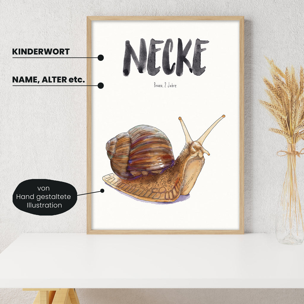 Detailansicht Kindermundposter Schnecke: Erklärungen der personalisierbaren Elemente - einzigartiges Erinnerungsstück für Eltern