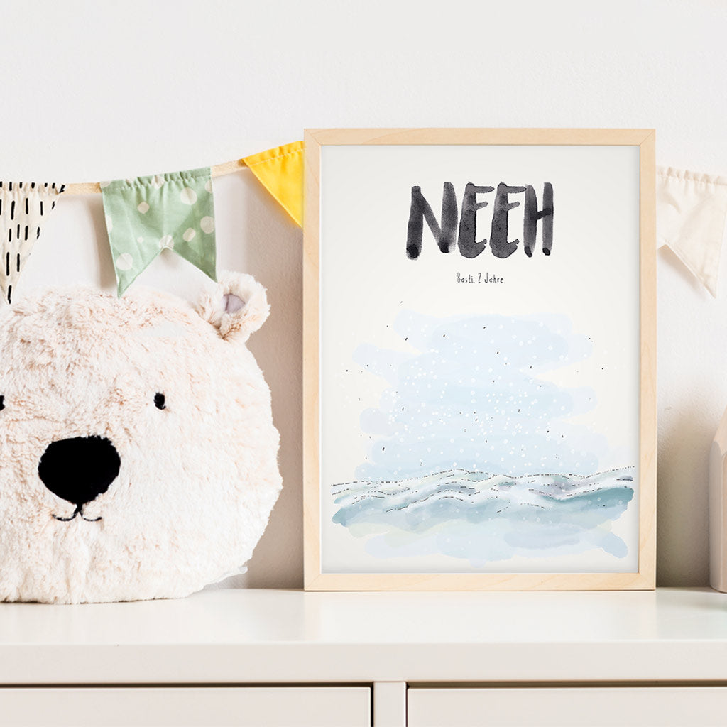 Kindermundposter Schnee im Kinderzimmer – personalisiertes Poster als Dekoration und Geschenk
