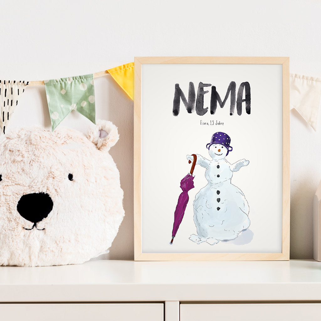 Kindermundposter Schneemann im Kinderzimmer – personalisiertes Poster als Dekoration und Geschenk