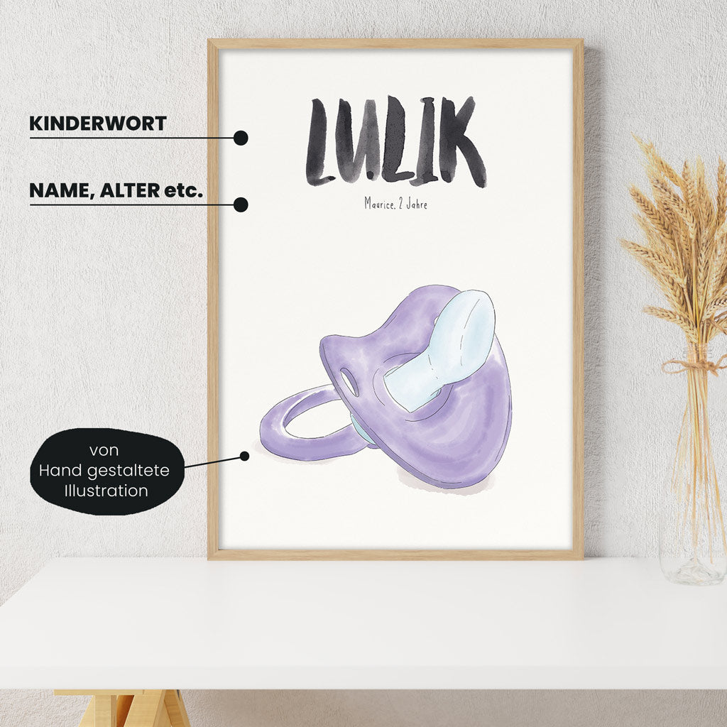 Detailansicht Kindermundposter Schnuller: Erklärungen der personalisierbaren Elemente - einzigartiges Erinnerungsstück für Eltern