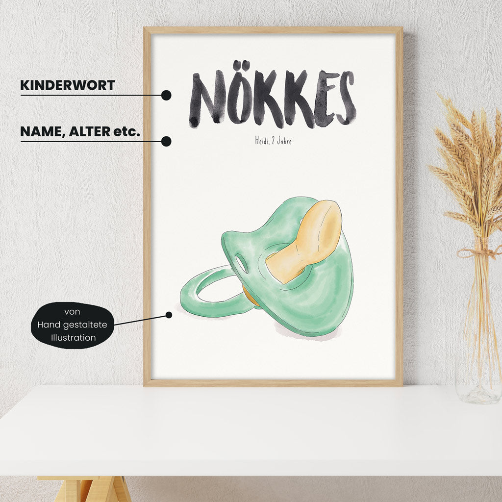 Detailansicht Kindermundposter Schnuller mit Erklärungen der personalisierbaren Elemente - einzigartiges Erinnerungsstück für Eltern