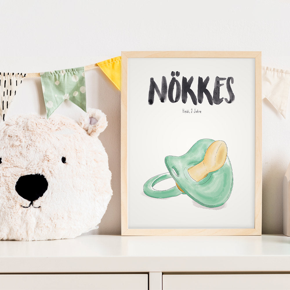 Kindermundposter Schnuller im Kinderzimmer – personalisiertes Poster als Dekoration und Geschenk