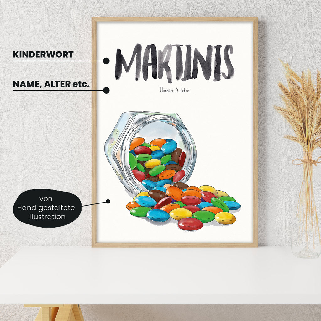Detailansicht Kindermundposter Schkolinsen mit Erklärungen der personalisierbaren Elemente - einzigartiges Erinnerungsstück für Eltern