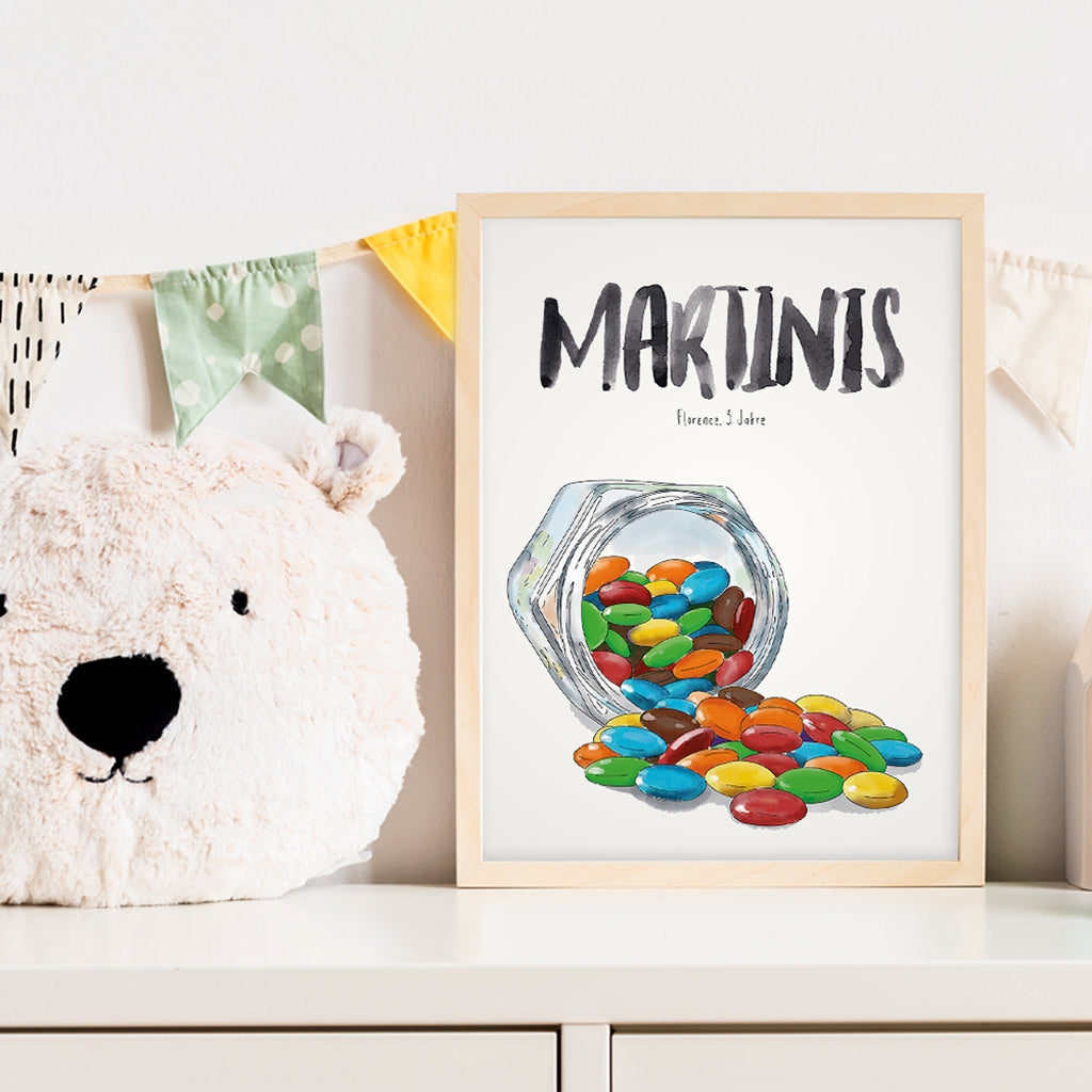 Kindermundposter Schokolinsen m Kinderzimmer – personalisiertes Poster als Dekoration und Geschenk