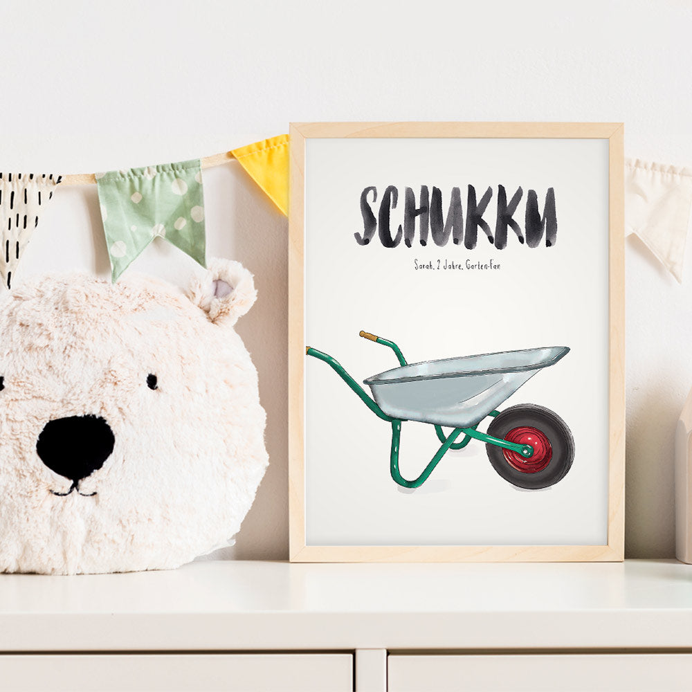 Kindermundposter Schubkarre im Kinderzimmer – personalisiertes Poster als Dekoration und Geschenk