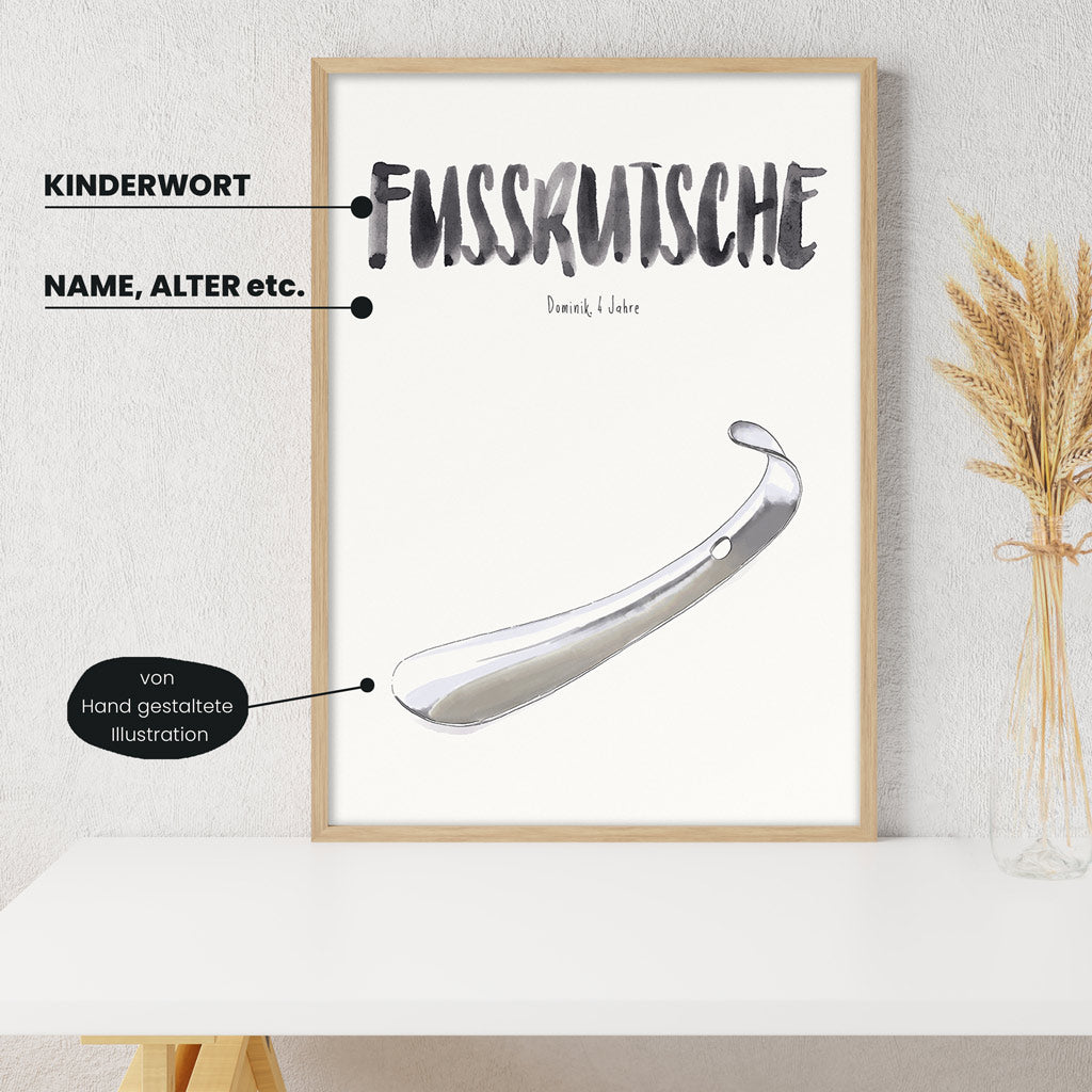 Detailansicht Kindermundposter Schuhlöffel: Erklärungen der personalisierbaren Elemente - einzigartiges Erinnerungsstück für Eltern