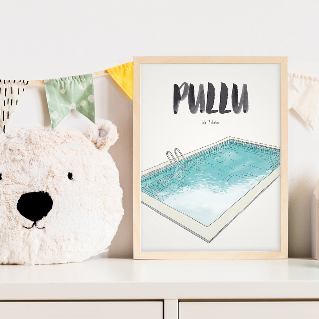 Kindermundposter Pool im Kinderzimmer – personalisiertes Poster als Dekoration und Geschenk