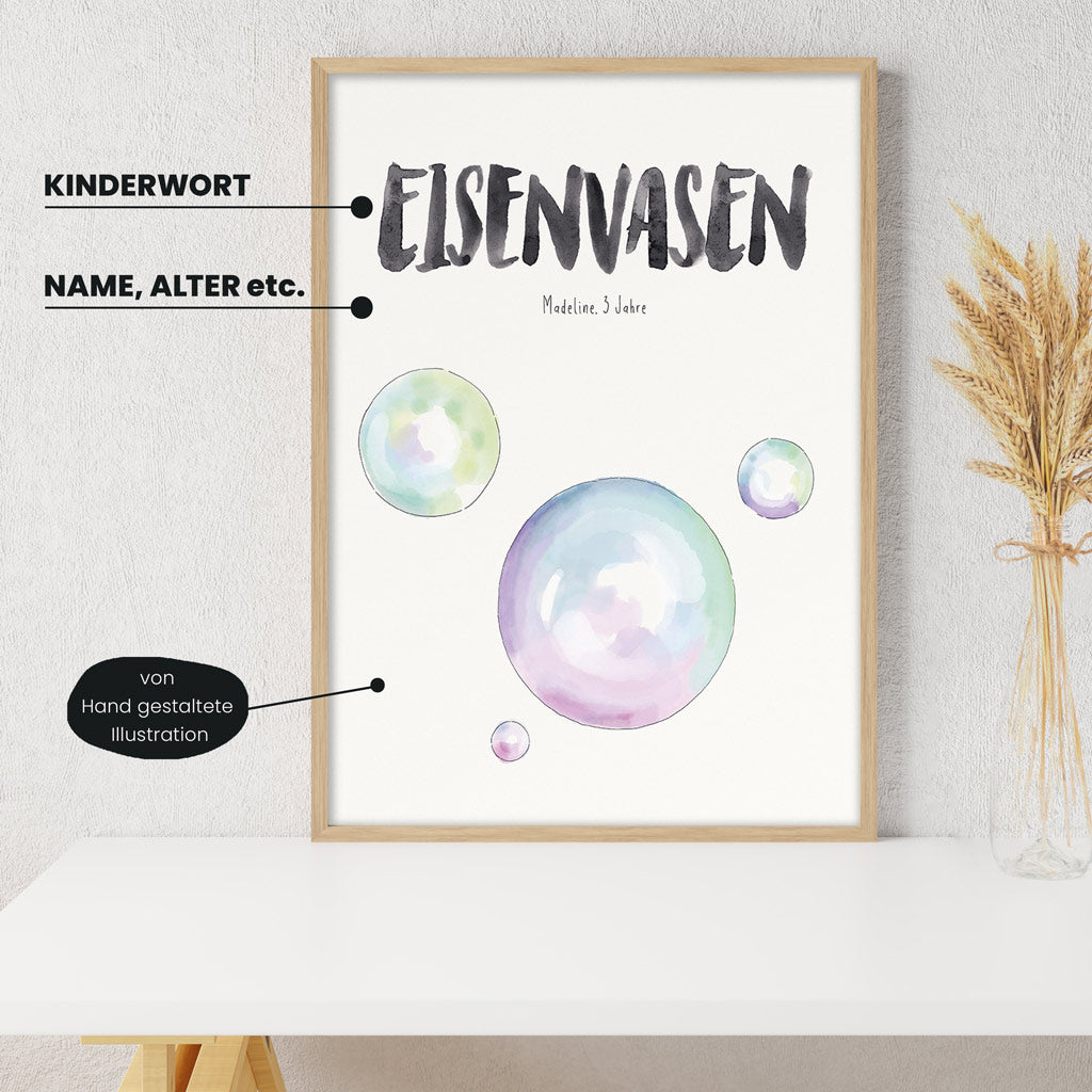 Detailansicht Kindermundposter Seifenblasen: Erklärungen der personalisierbaren Elemente - einzigartiges Erinnerungsstück für Eltern
