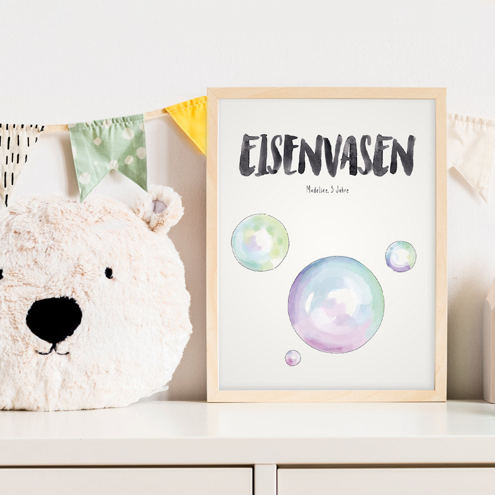 Kindermundposter Seifenblasen im Kinderzimmer – personalisiertes Poster als Dekoration und Geschenk