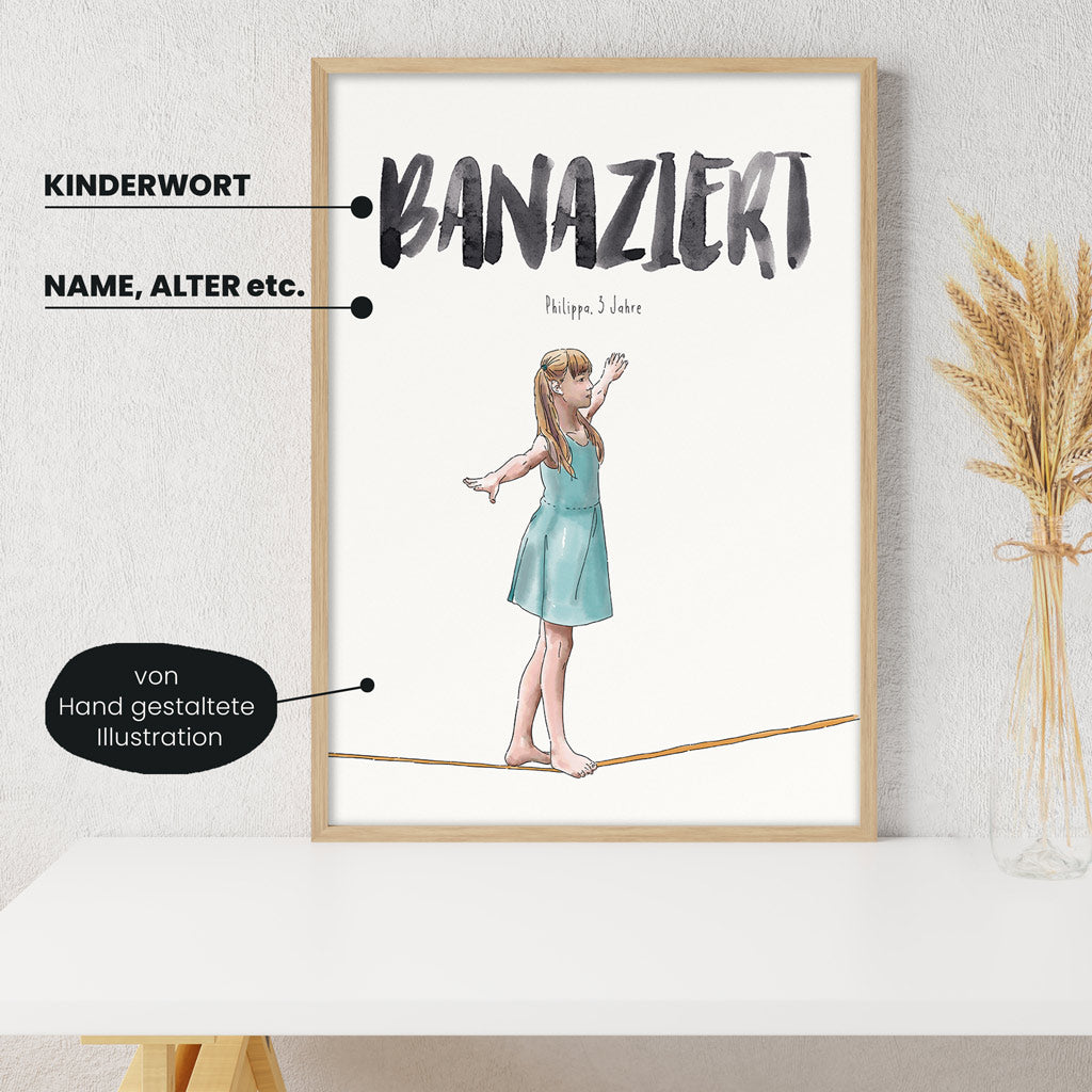 Detailansicht Kindermundposter Seiltanz: Erklärungen der personalisierbaren Elemente - einzigartiges Erinnerungsstück für Eltern