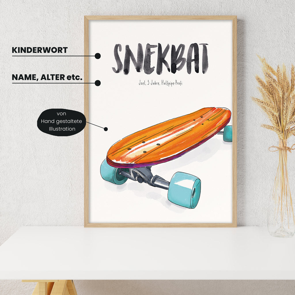 Detailansicht Kindermundposter Skateboard: Erklärungen der personalisierbaren Elemente - einzigartiges Erinnerungsstück für Eltern