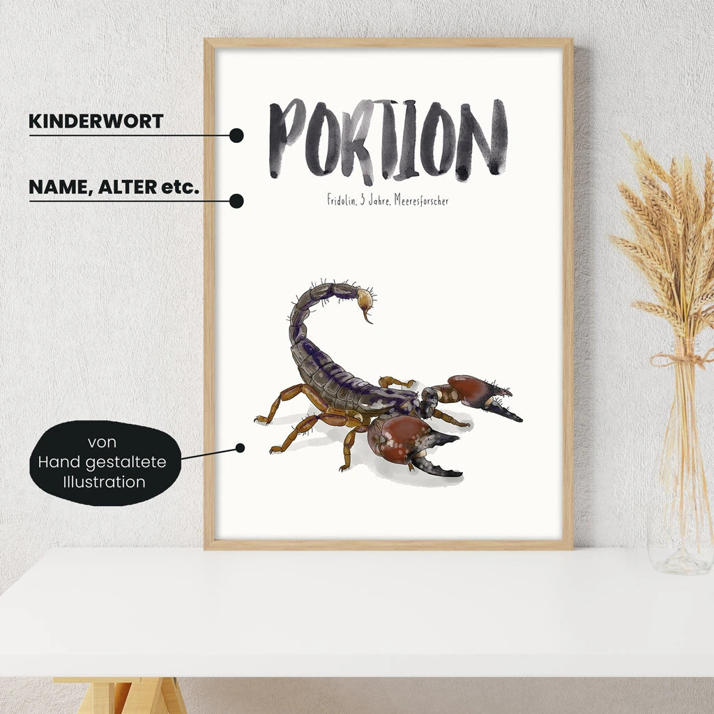 Detailansicht Kindermundposter Skorpion: Erklärungen der personalisierbaren Elemente - einzigartiges Erinnerungsstück für Eltern