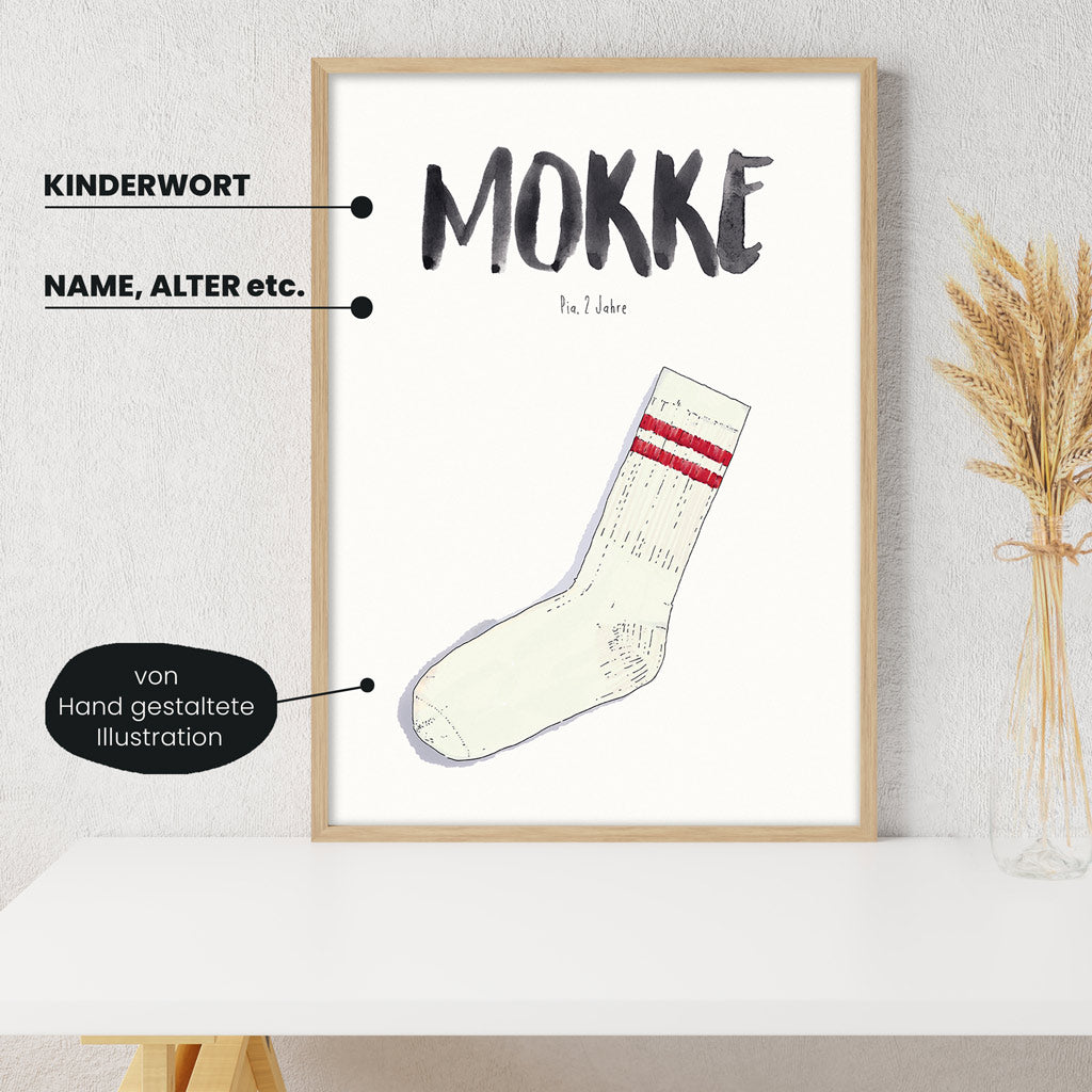 Detailansicht Kindermundposter Socke: Erklärungen der personalisierbaren Elemente - einzigartiges Erinnerungsstück für Eltern