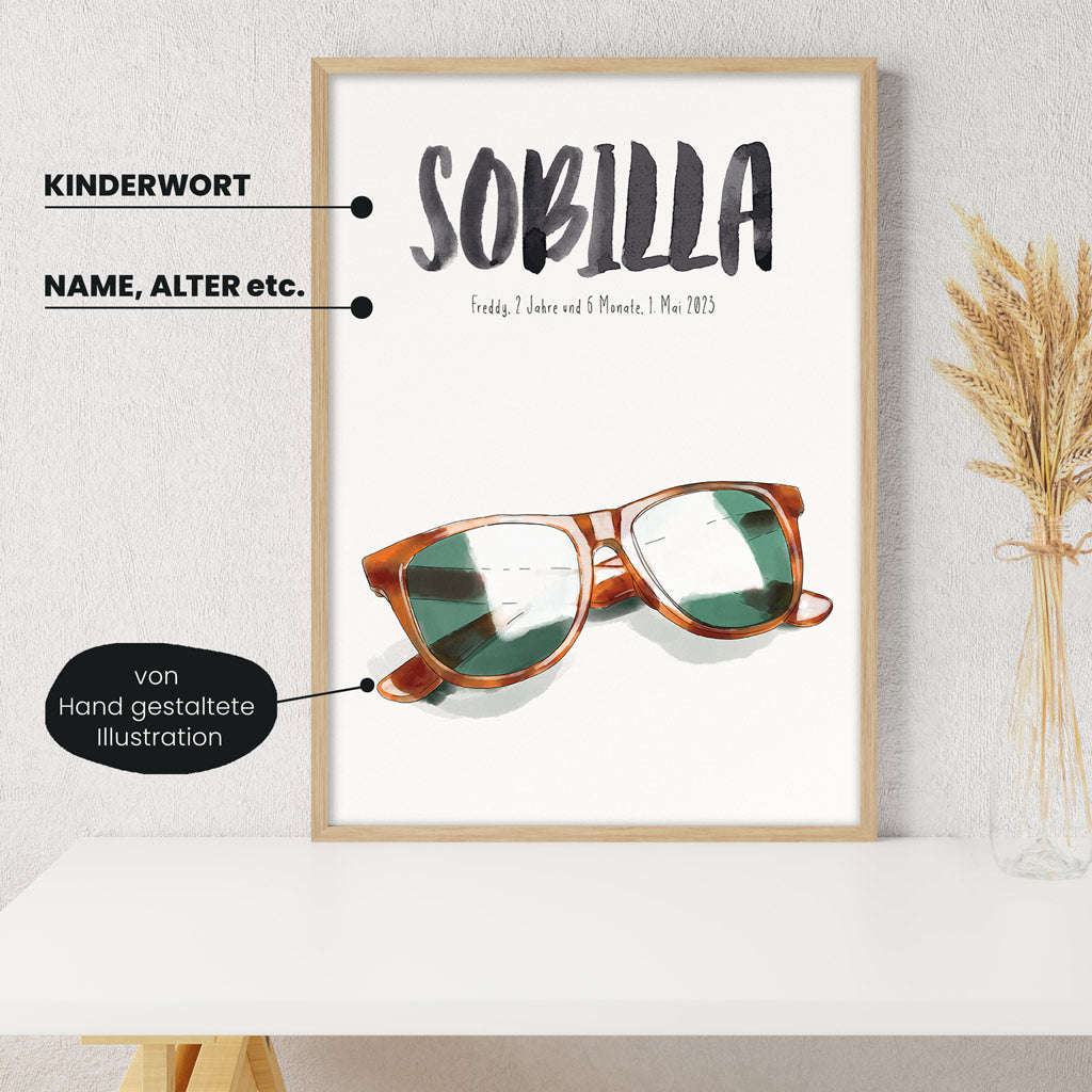 Detailansicht Kindermundposter Sonnenbrille: Erklärungen der personalisierbaren Elemente - einzigartiges Erinnerungsstück für Eltern