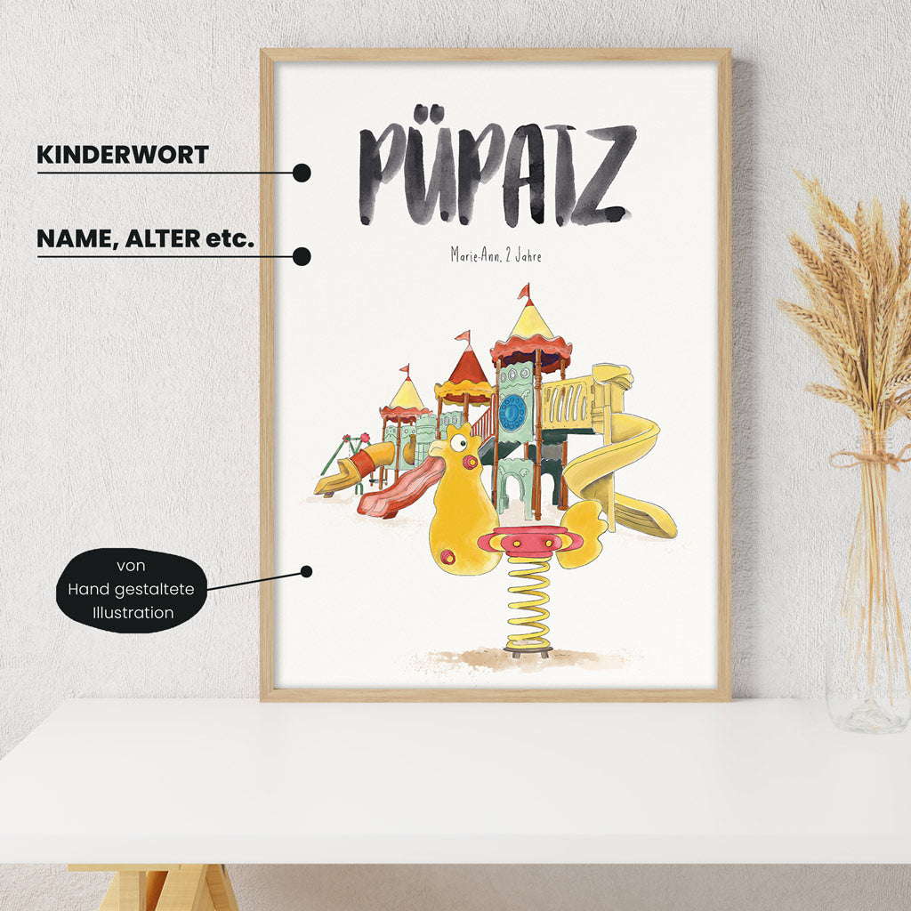 Detailansicht Kindermundposter Spielplatz: Erklärungen der personalisierbaren Elemente - einzigartiges Erinnerungsstück für Eltern