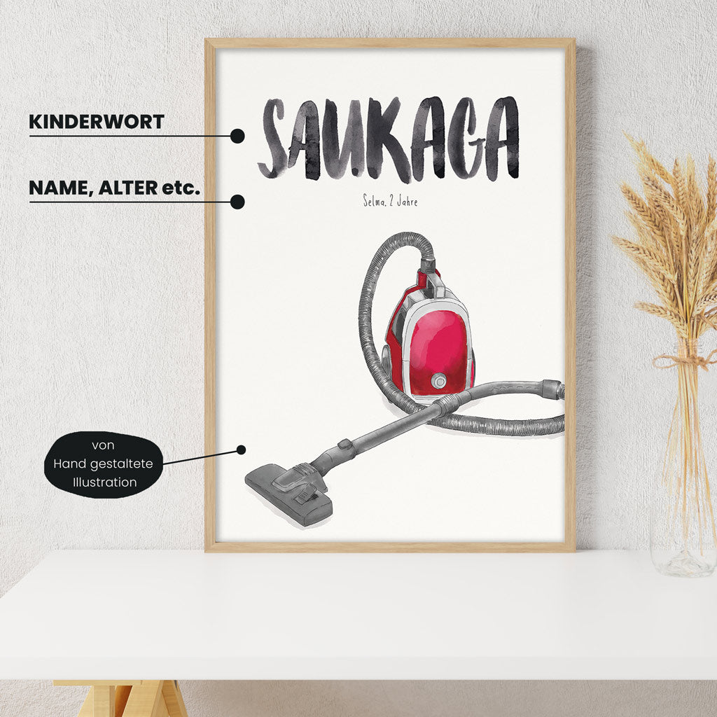 Detailansicht Kindermundposter Staubsauger mit Erklärungen der personalisierbaren Elemente - einzigartiges Erinnerungsstück für Eltern
