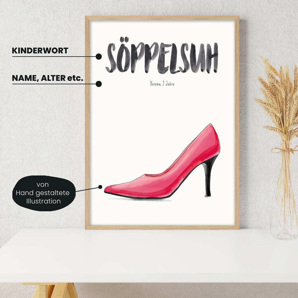Detailansicht Kindermundposter Stöckelschuh mit Erklärungen der personalisierbaren Elemente - einzigartiges Erinnerungsstück für Eltern