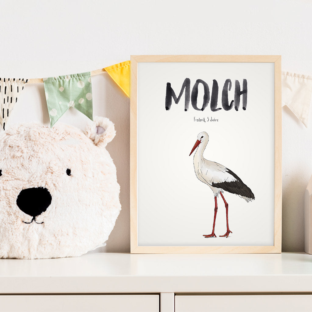 Kindermundposter Storch im Kinderzimmer – personalisiertes Poster als Dekoration und Geschenk