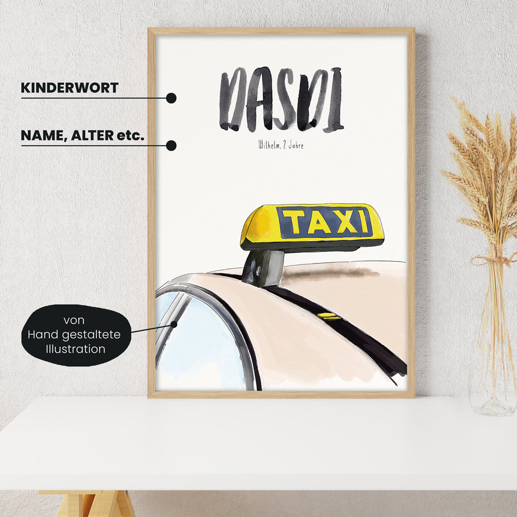 Detailansicht Kindermundposter Taxi: Erklärungen der personalisierbaren Elemente - einzigartiges Erinnerungsstück für Eltern