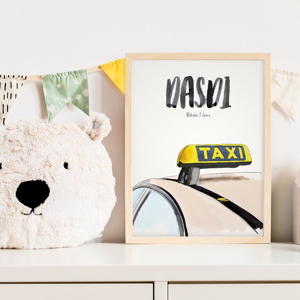 Kindermundposter Taxi im Kinderzimmer – personalisiertes Poster als Dekoration und Geschenk
