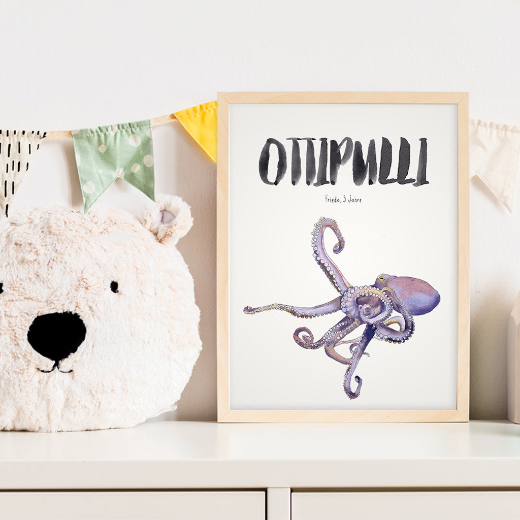 Kindermundposter Tintenfisch im Kinderzimmer – personalisiertes Poster als Dekoration und Geschenk