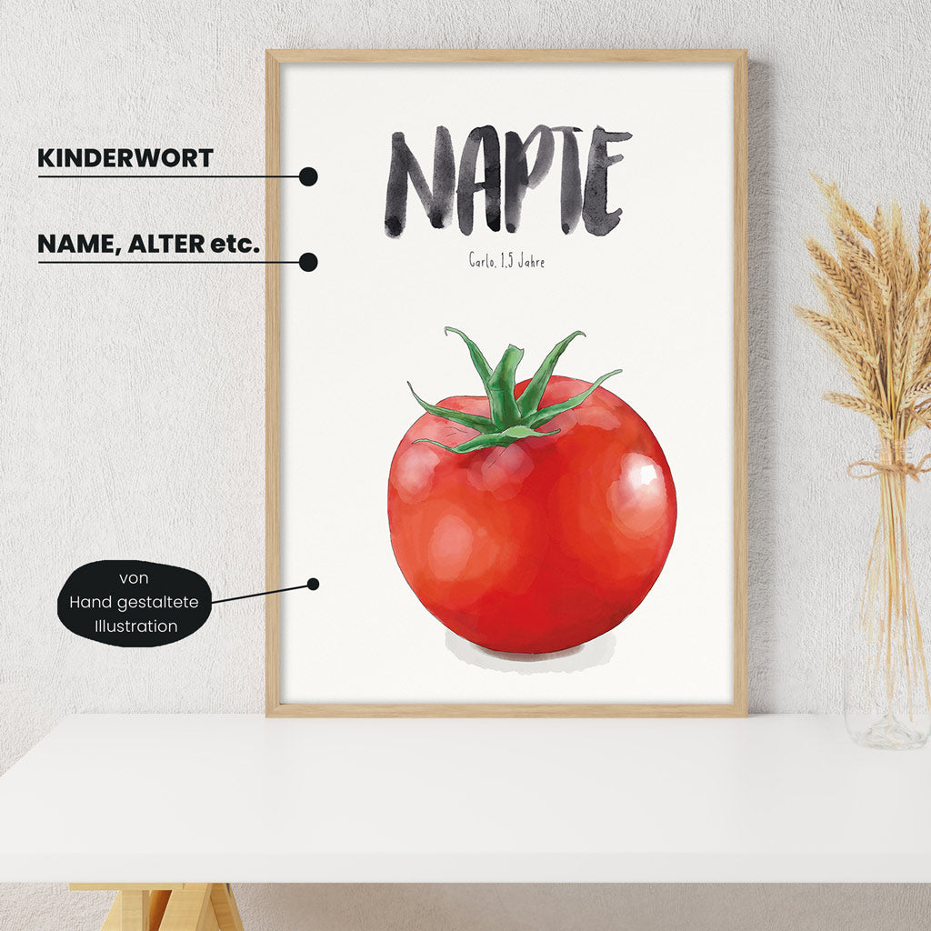 Detailansicht Kindermundposter Tomate mit Erklärungen der personalisierbaren Elemente - einzigartiges Erinnerungsstück für Eltern
