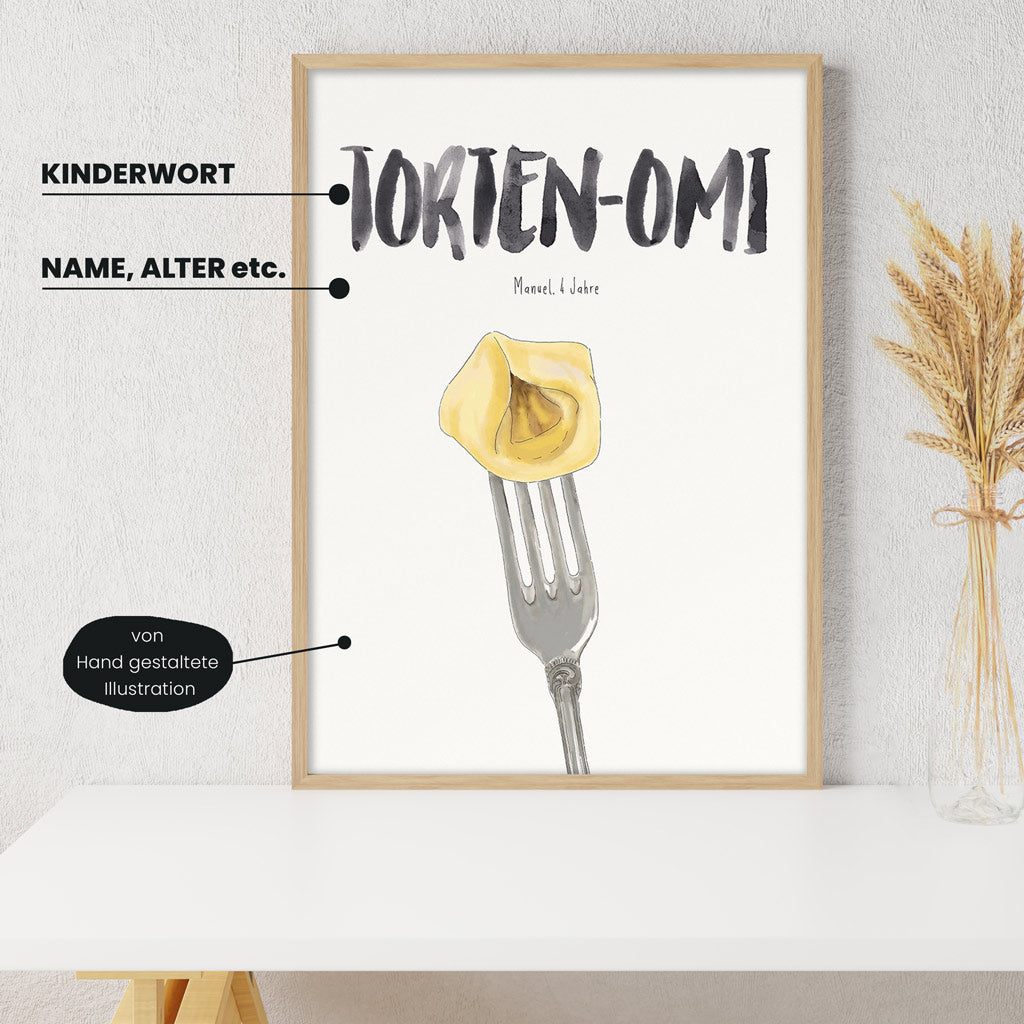 Detailansicht Kindermundposter Tortellini: Erklärungen der personalisierbaren Elemente - einzigartiges Erinnerungsstück für Eltern