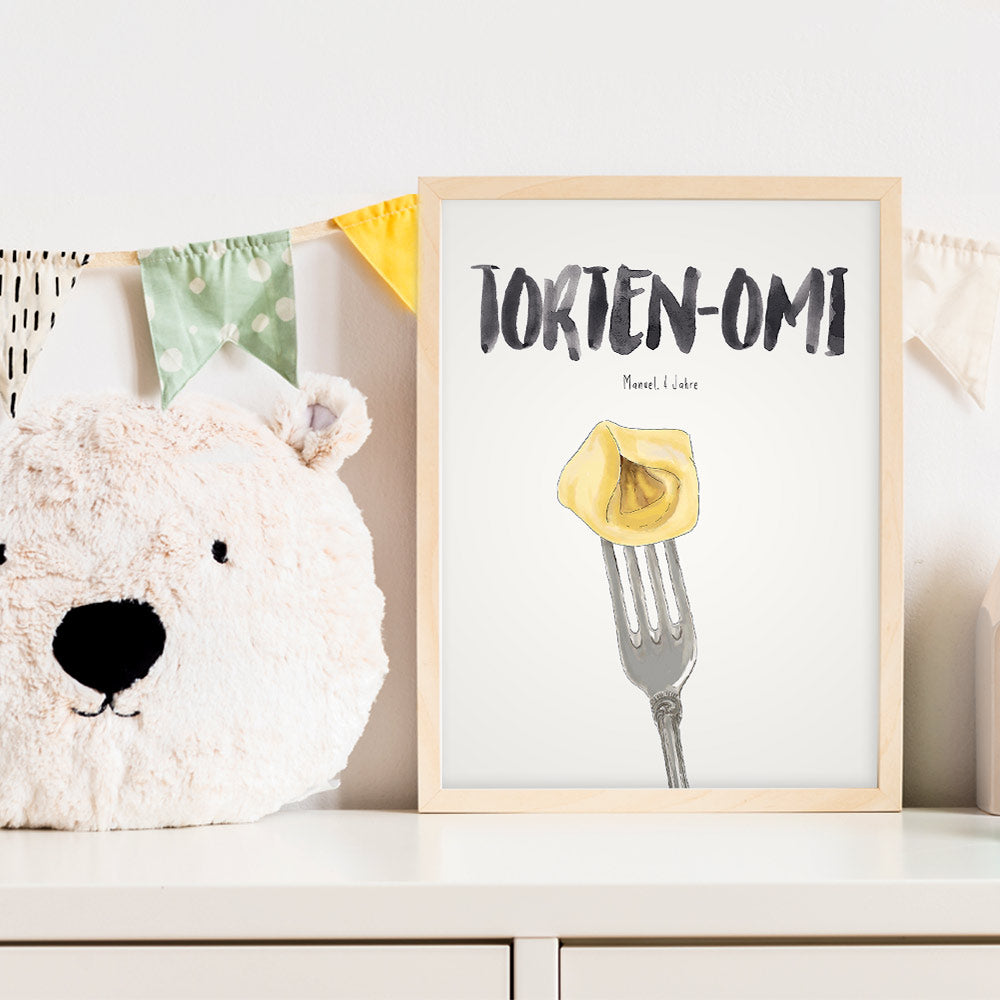 Kindermundposter Tortellini im Kinderzimmer – personalisiertes Poster als Dekoration und Geschenk