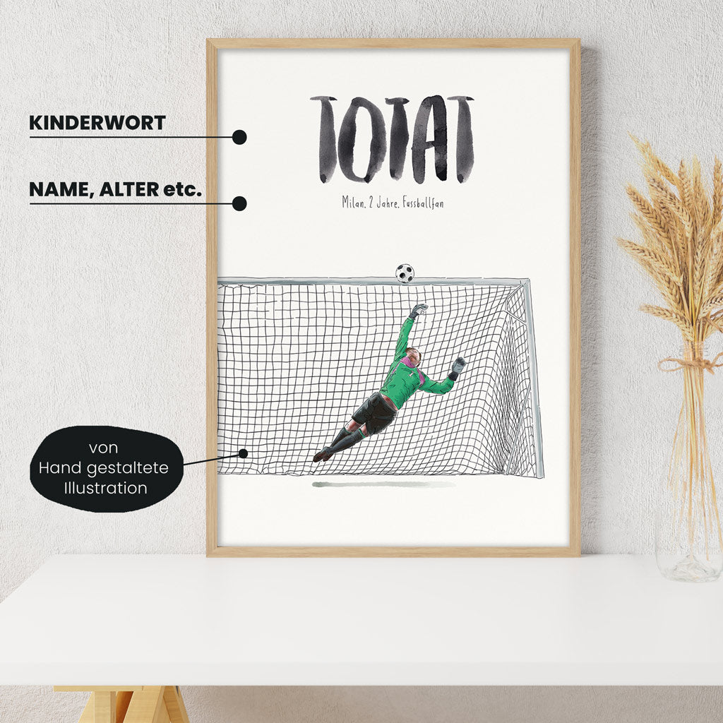 Detailansicht Kindermundposter Torwart: Erklärungen der personalisierbaren Elemente - einzigartiges Erinnerungsstück für Eltern