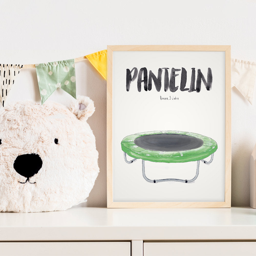 Kindermundposter Trampolin im Kinderzimmer – personalisiertes Poster als Dekoration und Geschenk