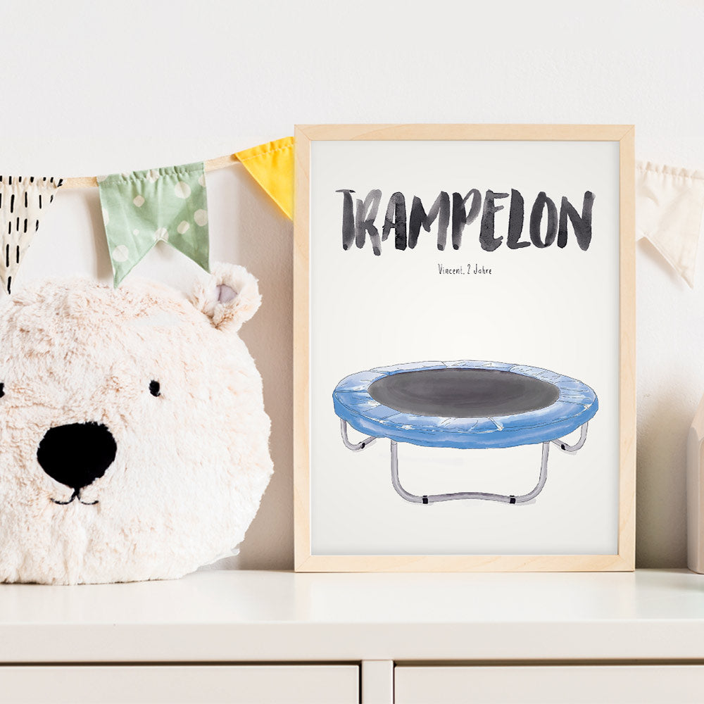 Kindermundposter Trampolin im Kinderzimmer – personalisiertes Poster als Dekoration und Geschenk