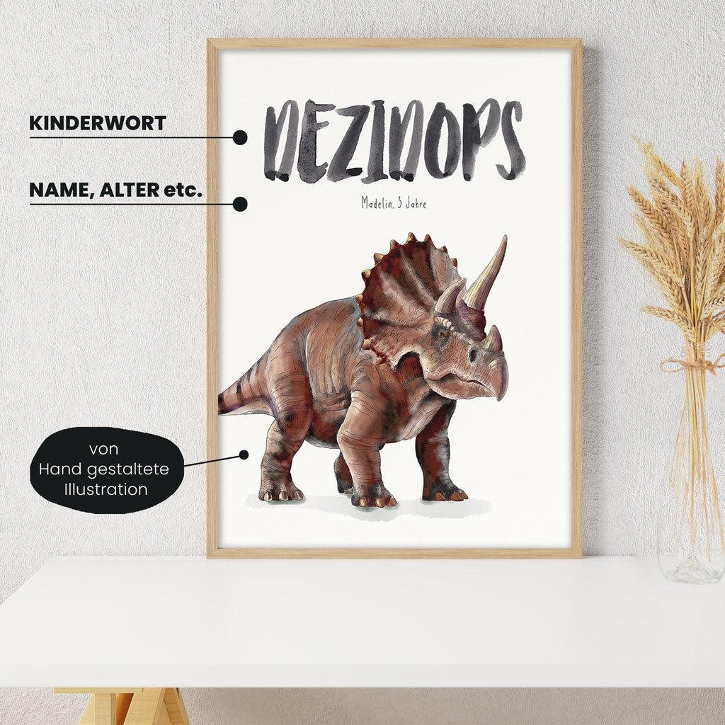 Detailansicht Kindermundposter Triceratops: Erklärungen der personalisierbaren Elemente - einzigartiges Erinnerungsstück für Eltern