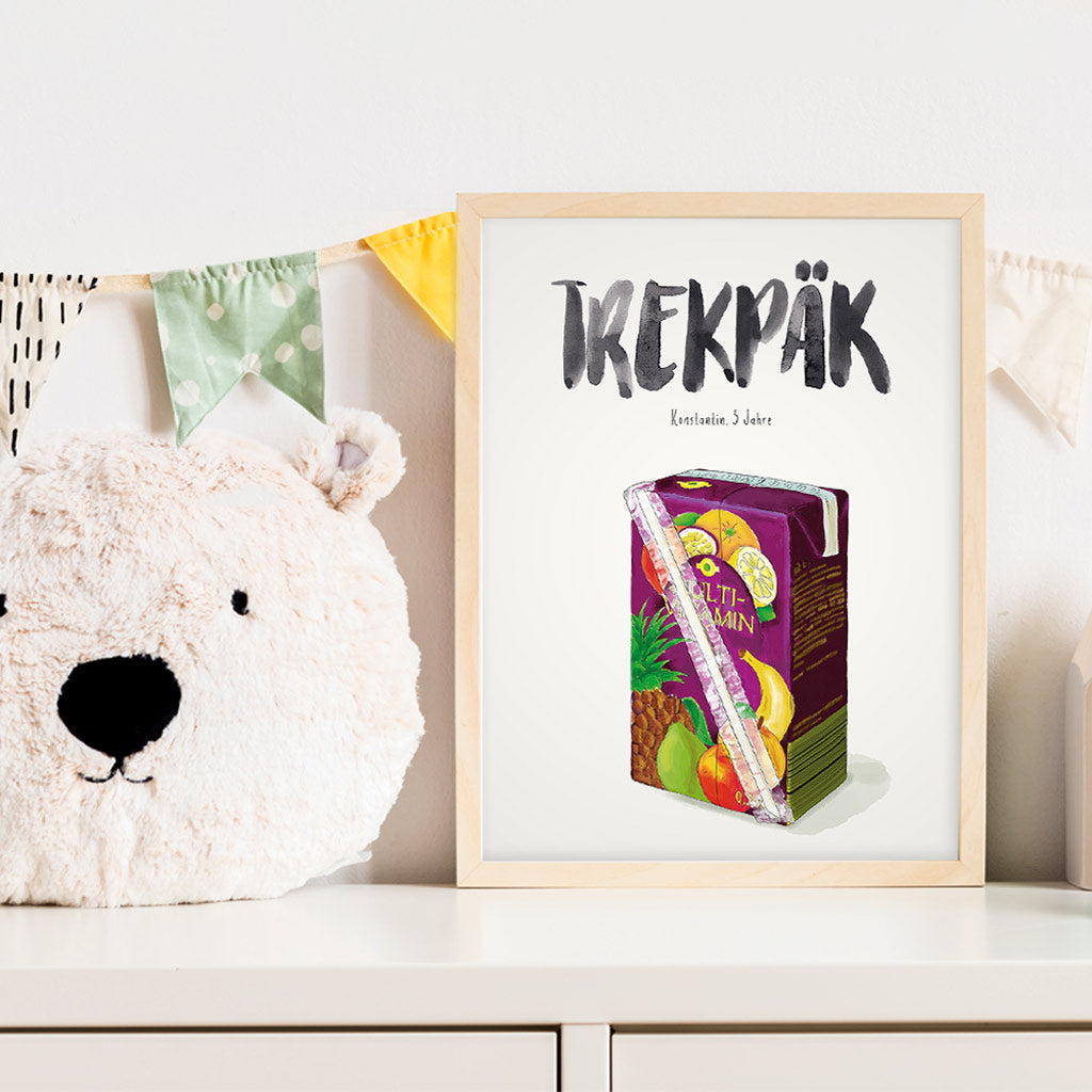 Kindermundposter Trinkpäckchen im Kinderzimmer – personalisiertes Poster als Dekoration und Geschenk