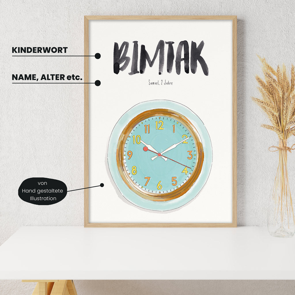 Detailansicht Kindermundposter Uhr: Erklärungen der personalisierbaren Elemente - einzigartiges Erinnerungsstück für Eltern