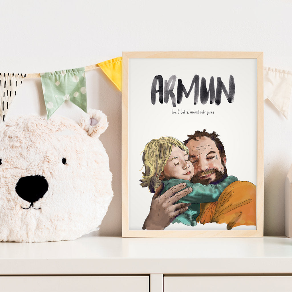 Kindermundposter Umarmung im Kinderzimmer – personalisiertes Poster als Dekoration und Geschenk