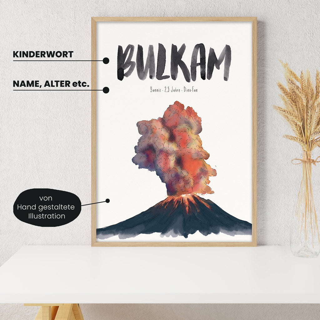 Detailansicht Kindermundposter Vulkan: Erklärungen der personalisierbaren Elemente - einzigartiges Erinnerungsstück für Eltern