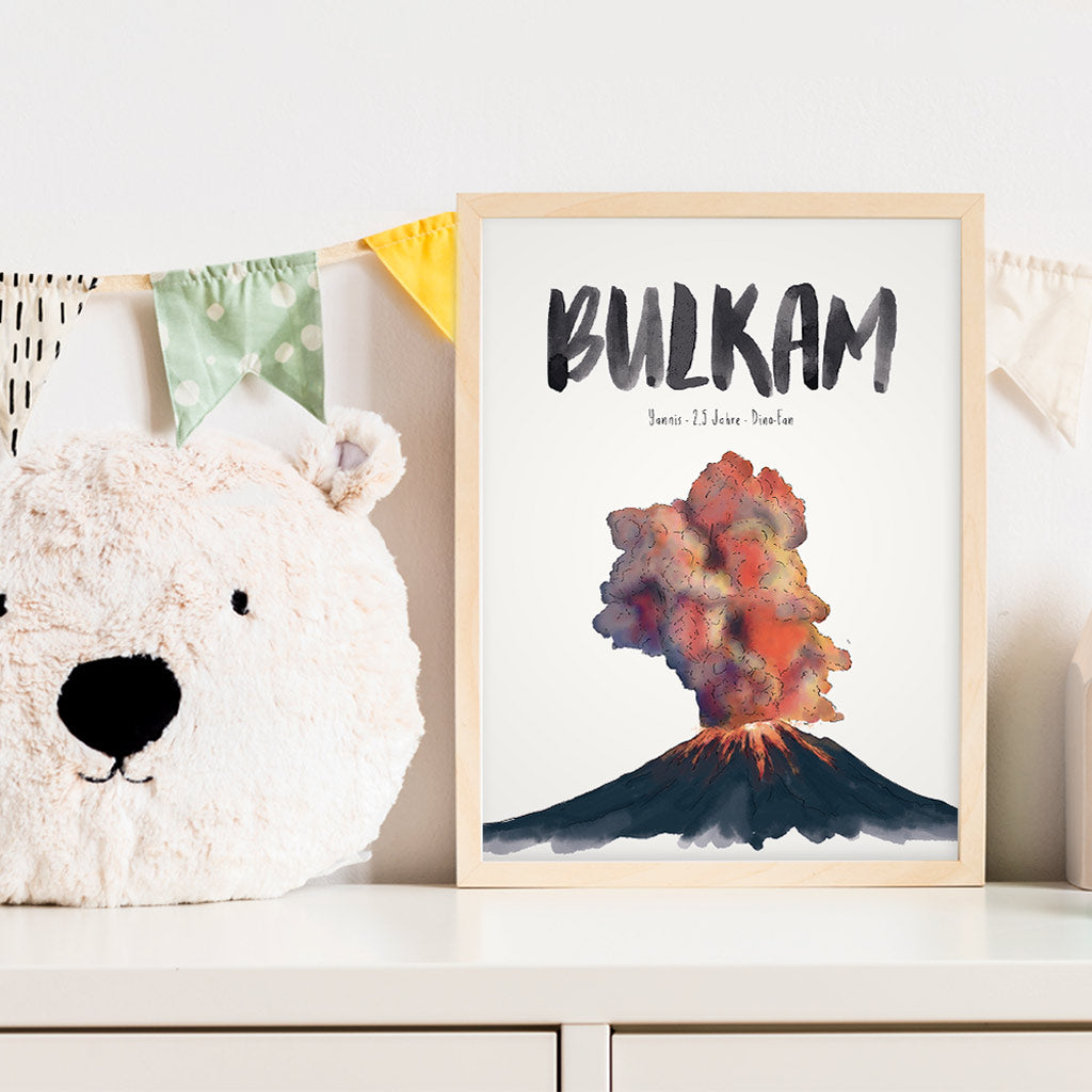 Kindermundposter Vulkan im Kinderzimmer – personalisiertes Poster als Dekoration und Geschenk