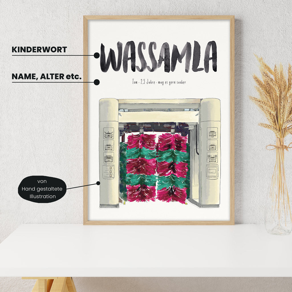 Detailansicht Kindermundposter Waschanlage: Erklärungen der personalisierbaren Elemente - einzigartiges Erinnerungsstück für Eltern