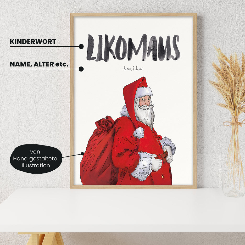 Detailansicht Kindermundposter Weihnachtsmann mit Erklärungen der personalisierbaren Elemente - einzigartiges Erinnerungsstück für Eltern