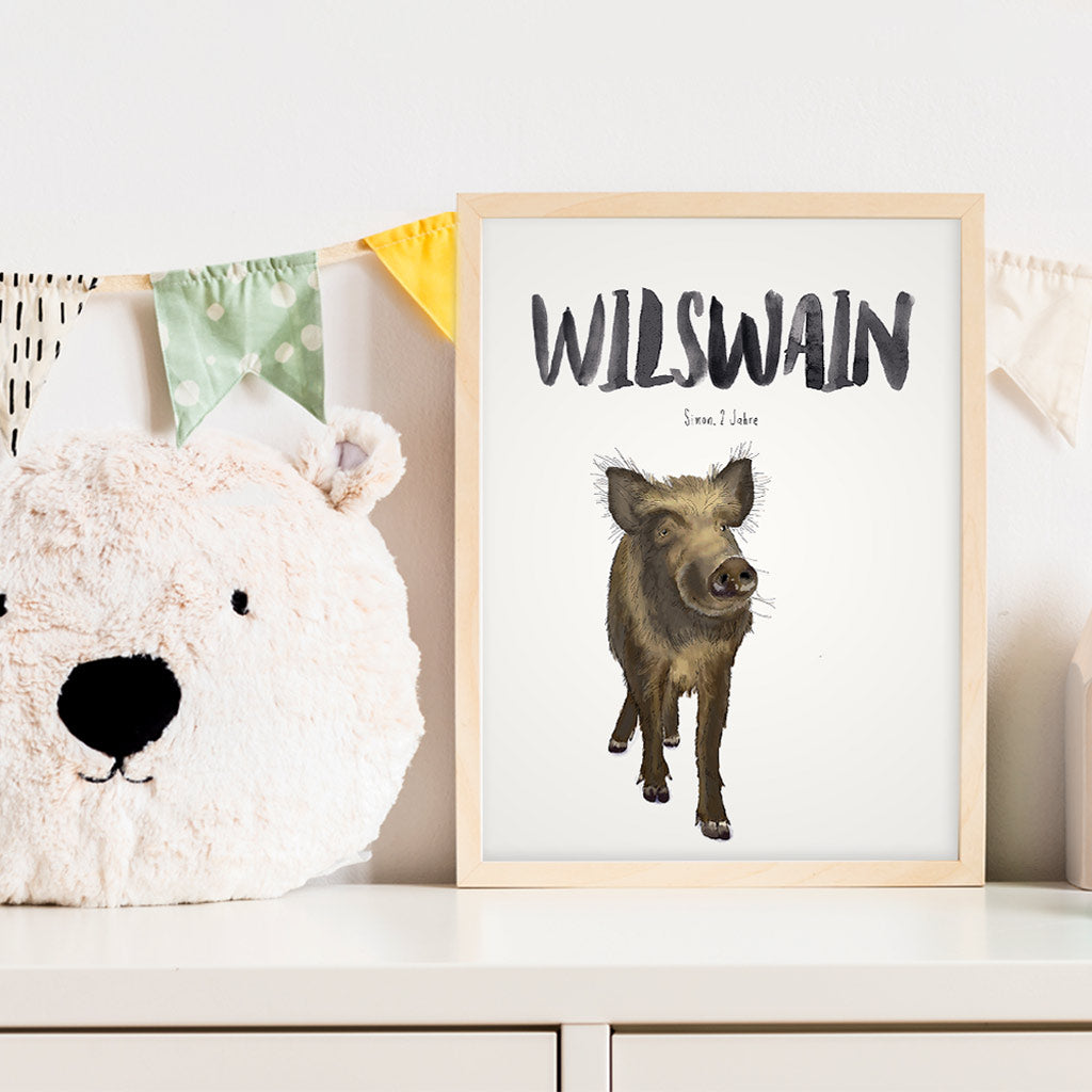 Kindermundposter Wildschwein im Kinderzimmer – personalisiertes Poster als Dekoration und Geschenk