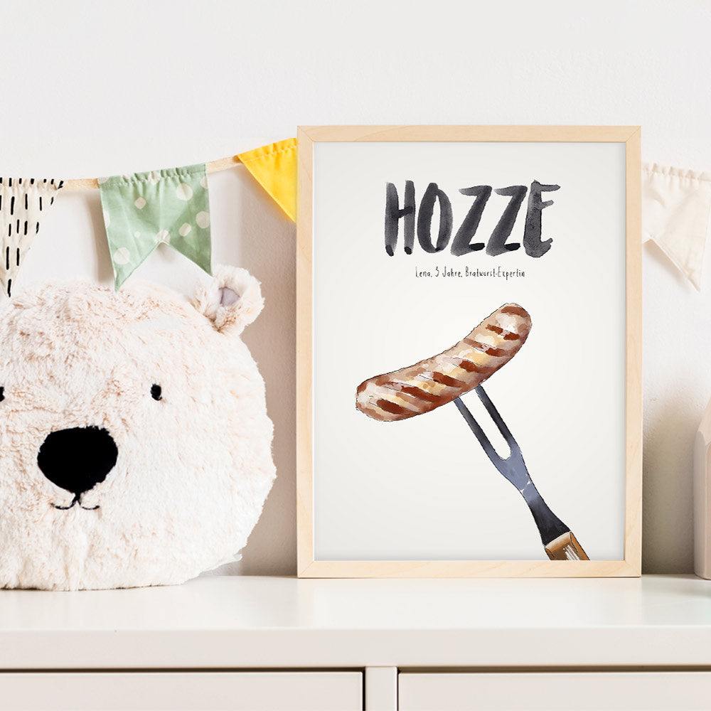 Kindermundposter Bratwurst im Kinderzimmer – personalisiertes Poster als Dekoration und Geschenk