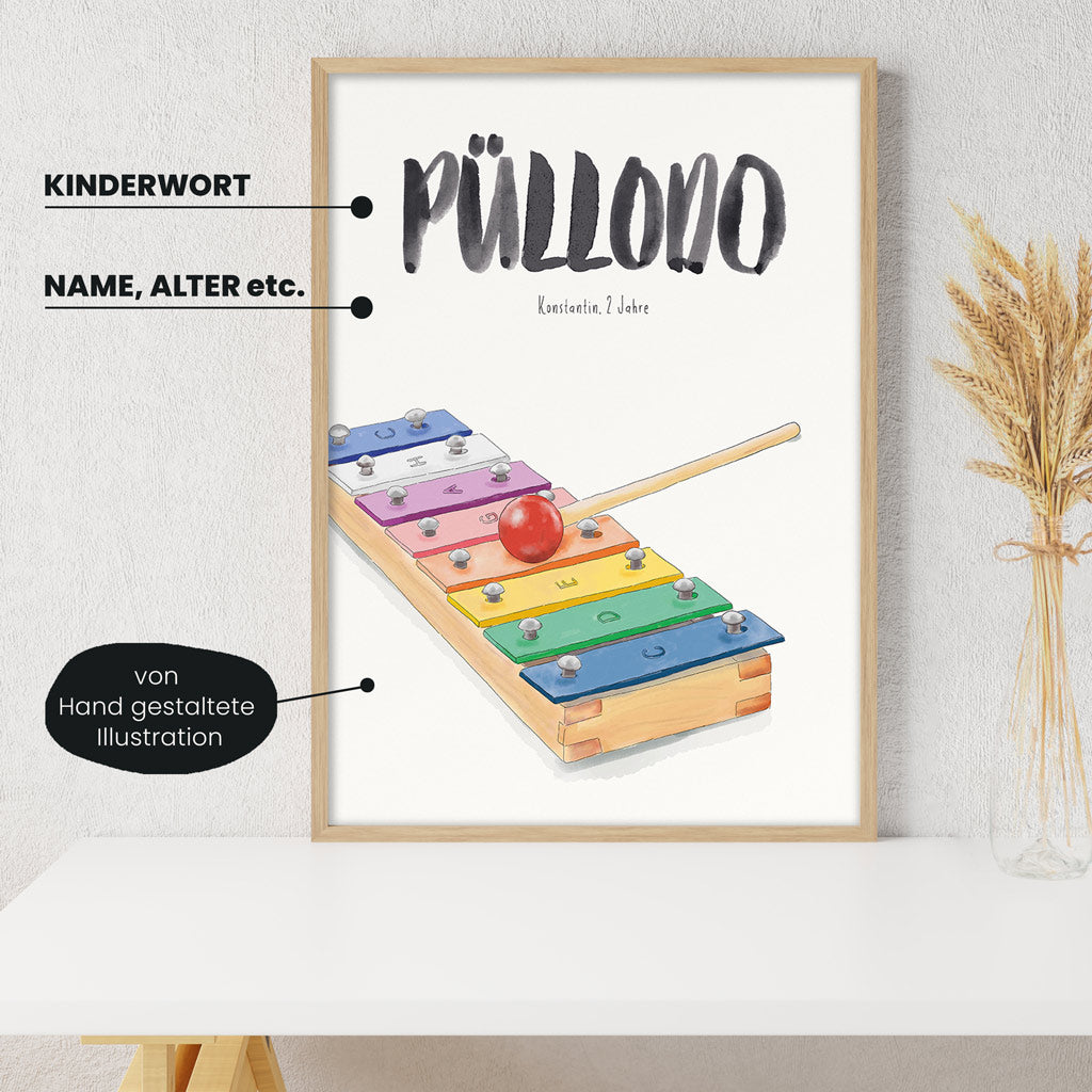 Detailansicht Kindermundposter Xylophon: Erklärungen der personalisierbaren Elemente - einzigartiges Erinnerungsstück für Eltern