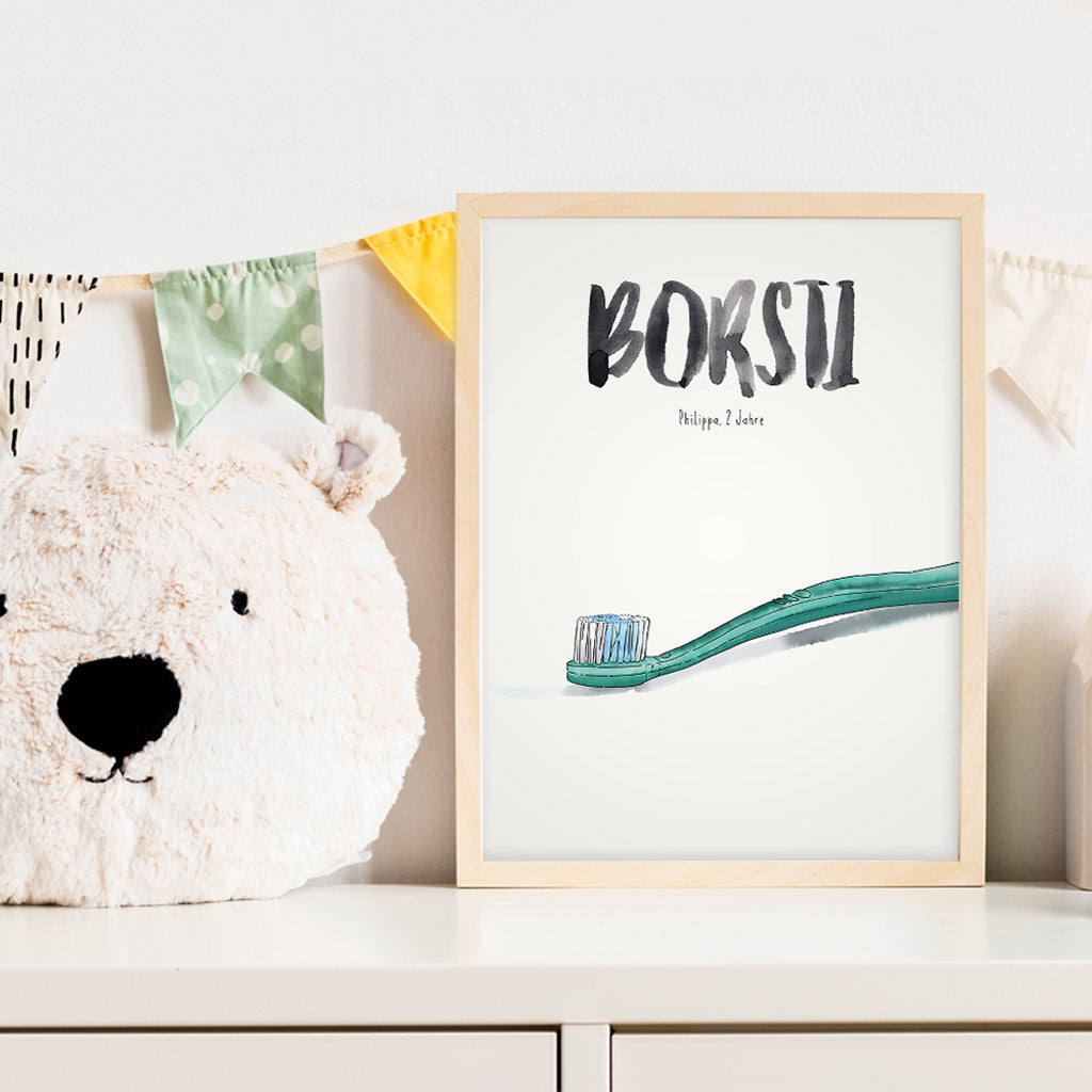 Kindermundposter Zahnbürste im Kinderzimmer – personalisiertes Poster als Dekoration und Geschenk