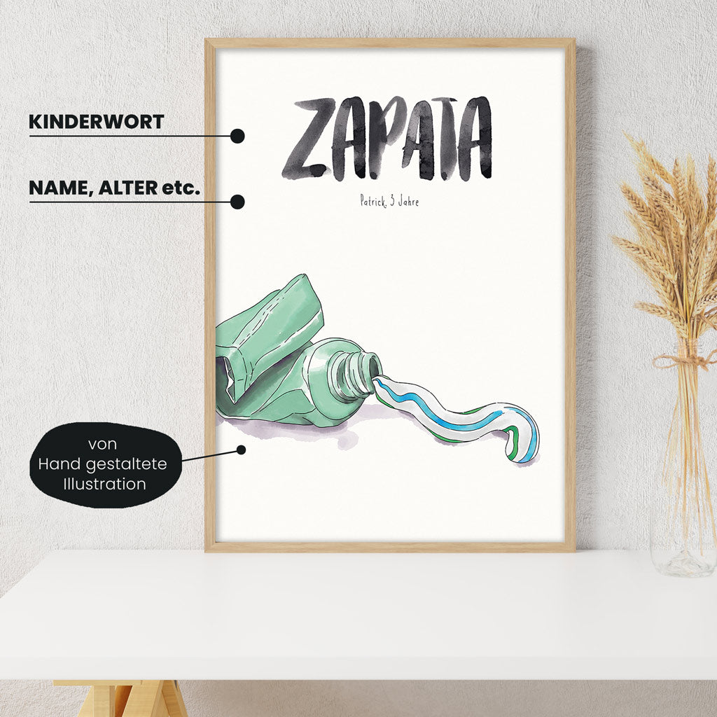 Detailansicht Kindermundposter Zahnpasta: Erklärungen der personalisierbaren Elemente - einzigartiges Erinnerungsstück für Eltern