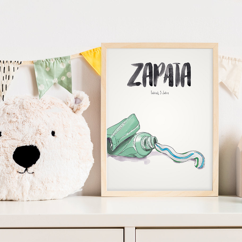 Kindermundposter Zahnpasta im Kinderzimmer – personalisiertes Poster als Dekoration und Geschenk