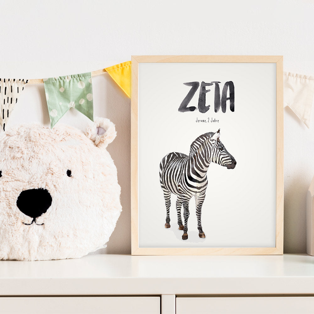 Kindermundposter Zebra im Kinderzimmer – personalisiertes Poster als Dekoration und Geschenk